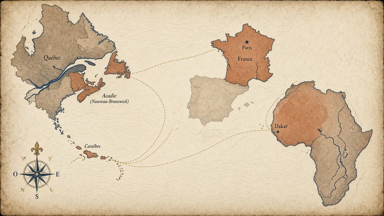 Hand-drawn classroom atlas on cream paper, with Québec, Acadie, the Caribbean, France, and Dakar marked and joined by sea routes.